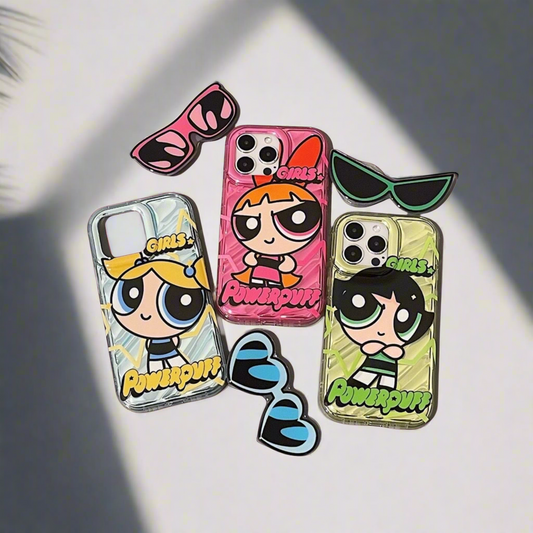 Powerpuff Girls Clear Plastic Phone Case - Waterproof with Cute Sunglasses, Charm & Free Stickers, Animated Design for iPhone Users Protective Smartphone Cover