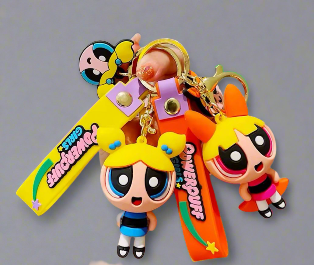 Nostalgic Powerpuff Girls Cute Silicone Doll Keychain with Keyring.