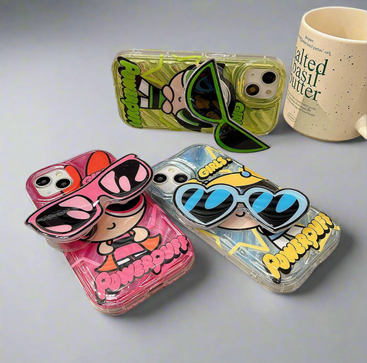 Powerpuff Girls Phone Case - Holographic Glossy Finish, Cute Design with Sunglasses, Includes  Free Gifts and powerpuff stickers.