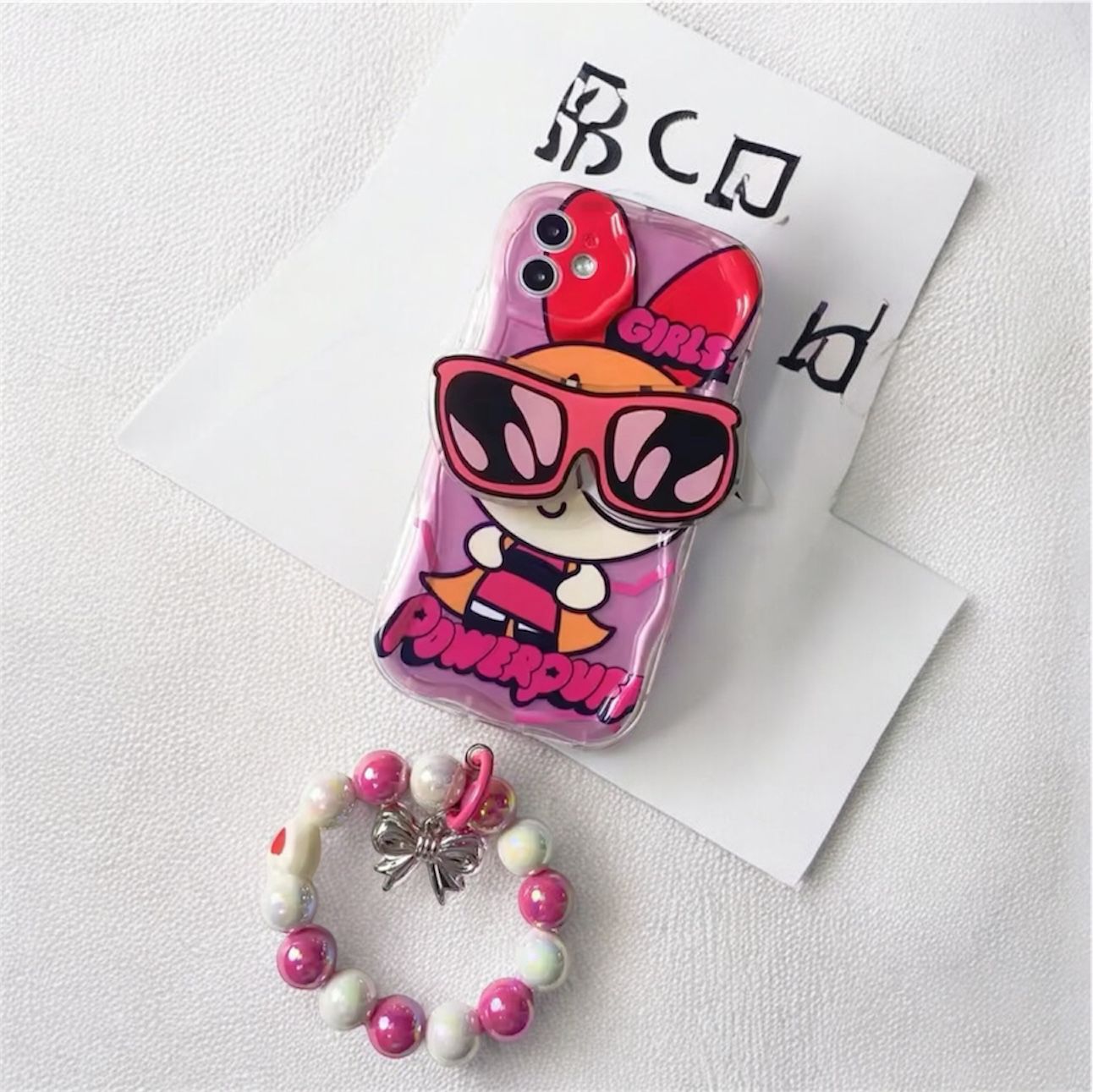 Powerpuff Girls Clear Plastic Phone Case - Waterproof with Cute Sunglasses, Charm & Free Stickers, Animated Design for iPhone Users Protective Smartphone Cover