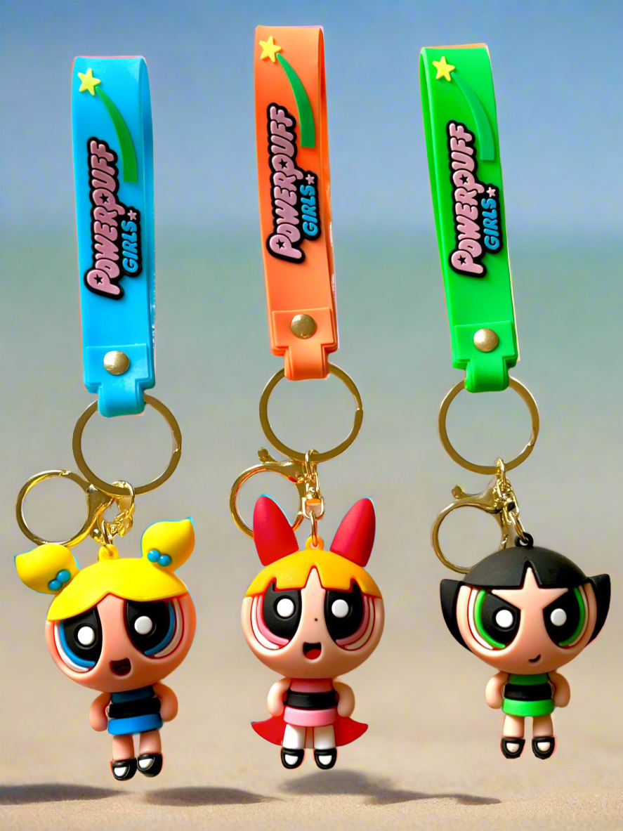 Nostalgic Powerpuff Girls Cute Silicone Doll Keychain with Keyring.