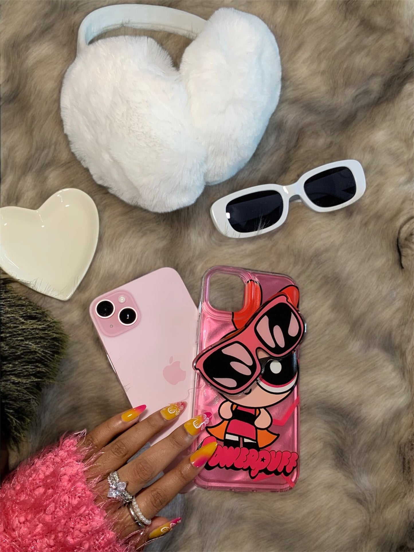 Powerpuff Girls Phone Case - Holographic Glossy Finish, Cute Design with Sunglasses, Includes  Free Gifts and powerpuff stickers.