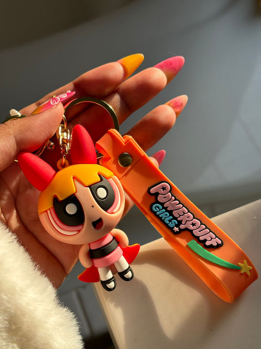 Nostalgic Powerpuff Girls Cute Silicone Doll Keychain with Keyring.