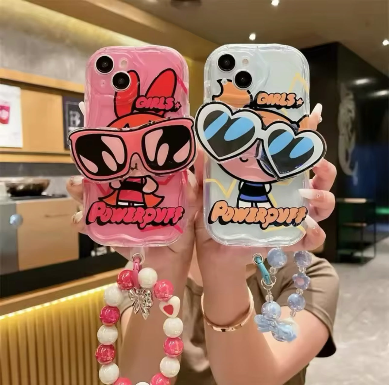 Powerpuff Girls Clear Plastic Phone Case - Waterproof with Cute Sunglasses, Charm & Free Stickers, Animated Design for iPhone Users Protective Smartphone Cover