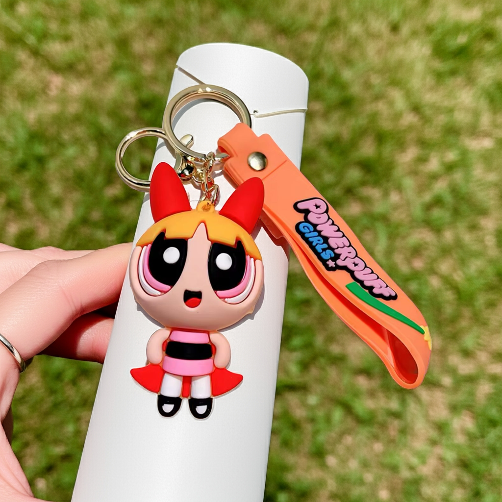 Nostalgic Powerpuff Girls Cute Silicone Doll Keychain with Keyring.