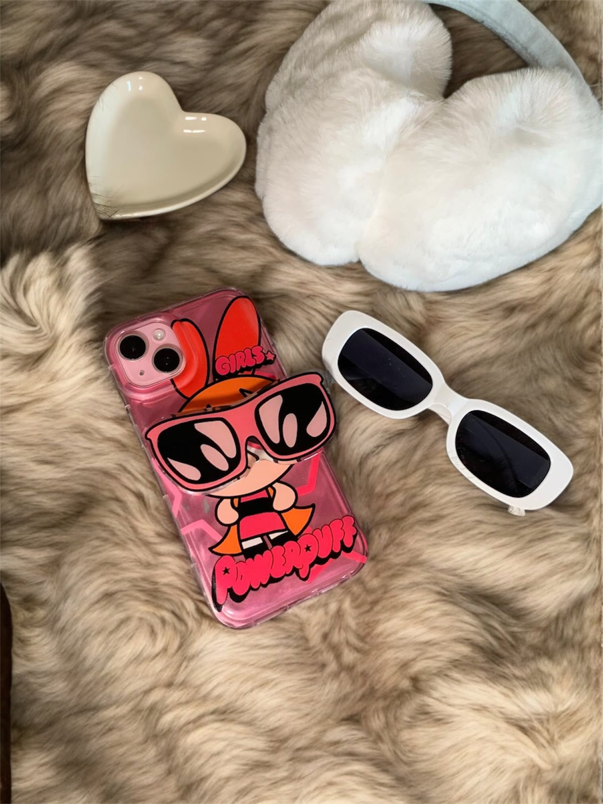 Powerpuff Girls Phone Case - Holographic Glossy Finish, Cute Design with Sunglasses, Includes  Free Gifts and powerpuff stickers.