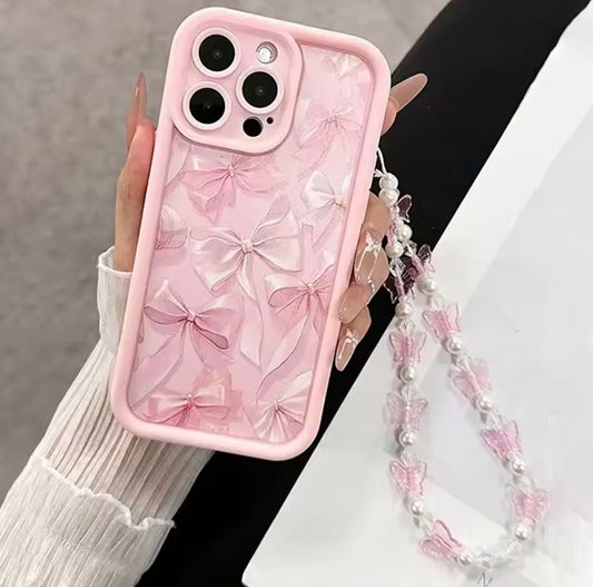 Pink Bow Pattern Silicone Phone Case For iPhone 16 17 Pro Max 15 14 13 12 11 Pro Max 16E X XS XR 7 8 Plus Butterfly Charm Cover
