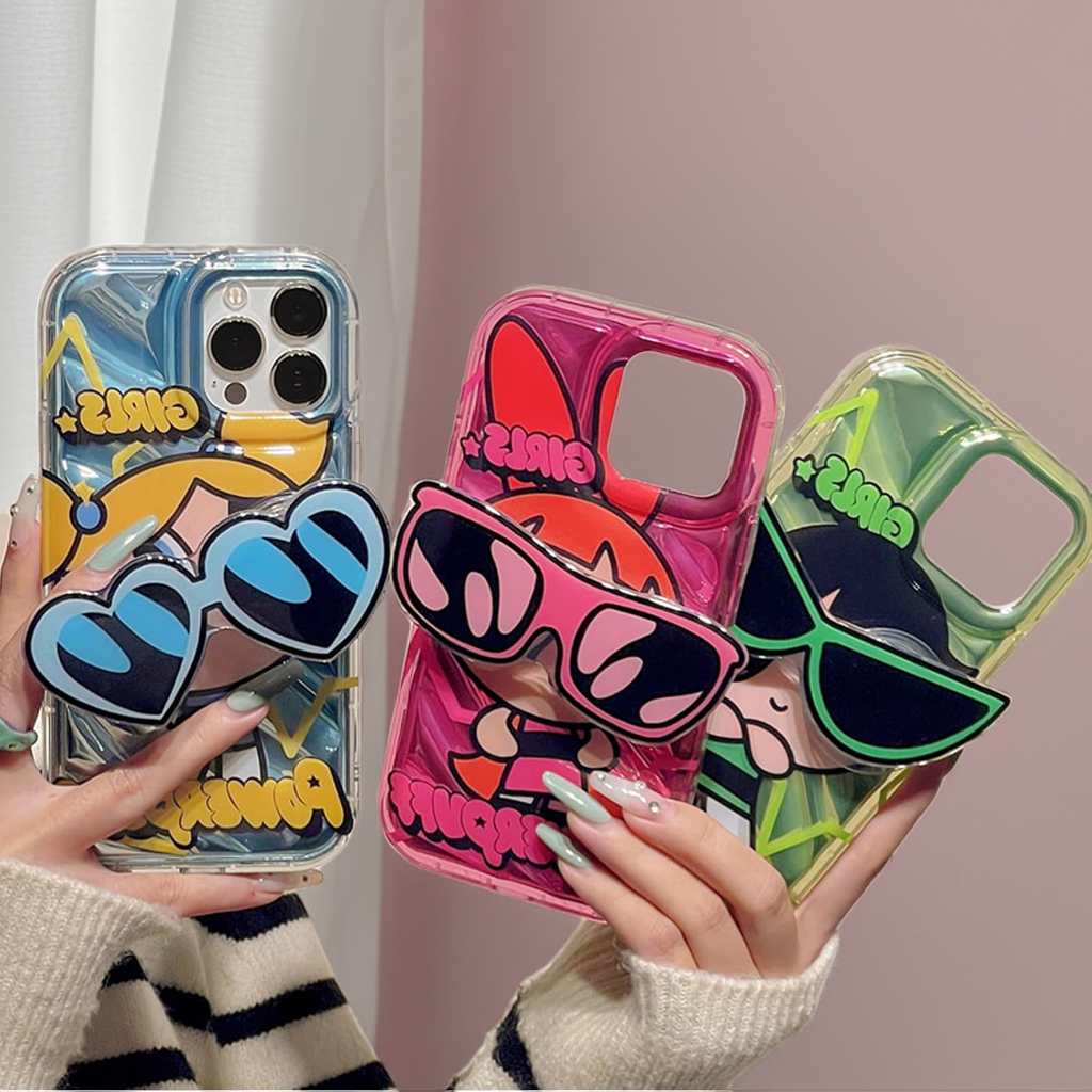 Powerpuff Girls Phone Case - Holographic Glossy Finish, Cute Design with Sunglasses, Includes  Free Gifts and powerpuff stickers.