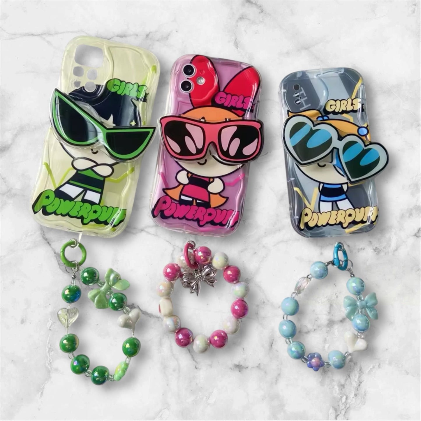 Powerpuff Girls Clear Plastic Phone Case - Waterproof with Cute Sunglasses, Charm & Free Stickers, Animated Design for iPhone Users Protective Smartphone Cover