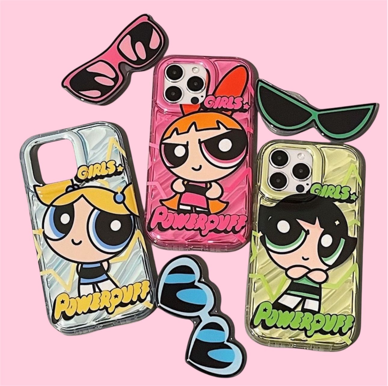 Powerpuff Girls Clear Plastic Phone Case - Waterproof with Cute Sunglasses, Charm & Free Stickers, Animated Design for iPhone Users Protective Smartphone Cover